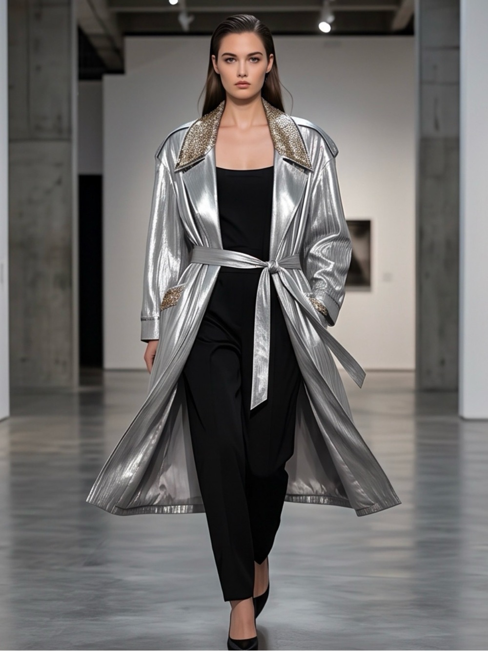 Silver Glow 90'sTrench Coat;Sequin Collar;Pockets